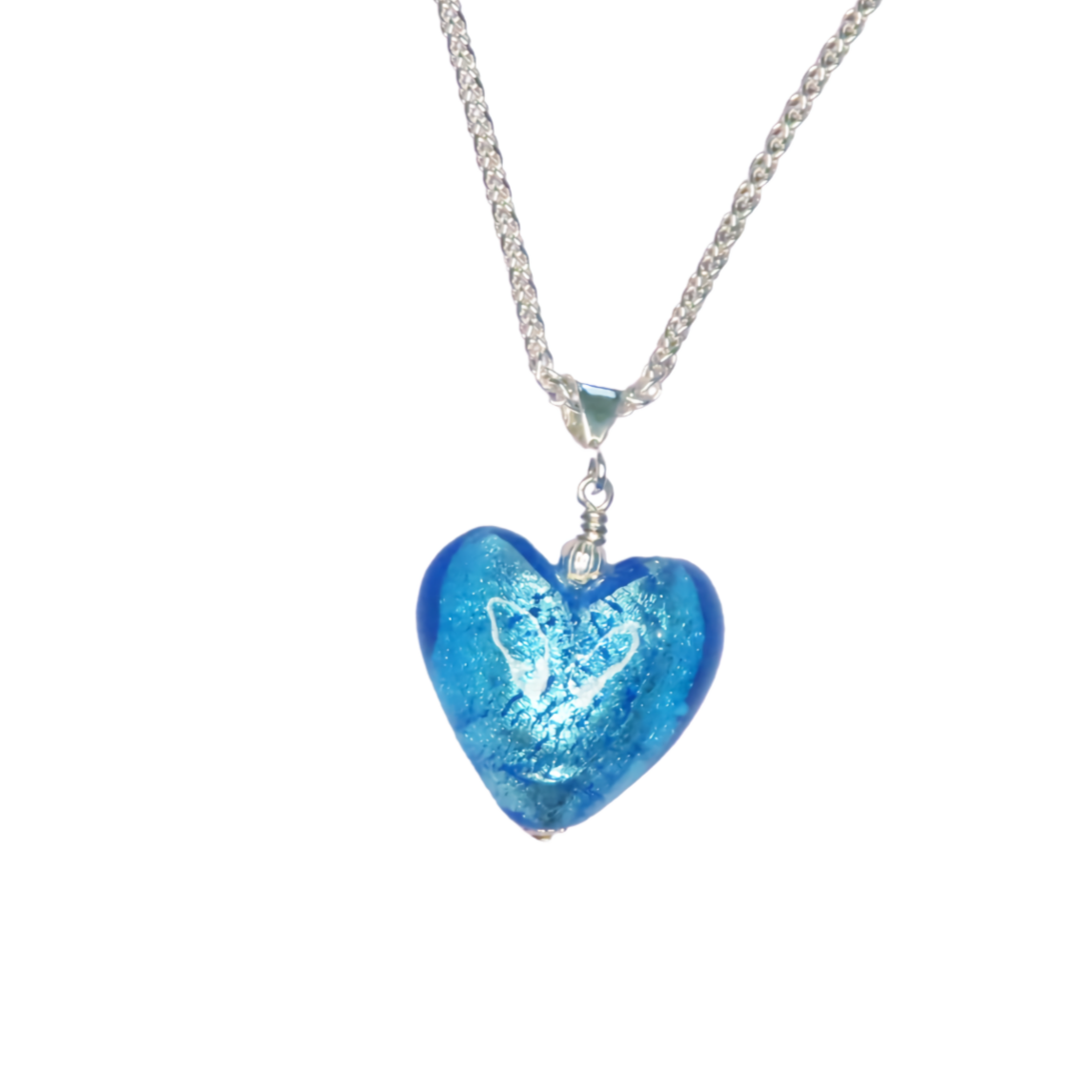 Murano Glass Aqua Heart Pendant Necklace with Sterling Silver Foil Encased in the Glass - 20mm