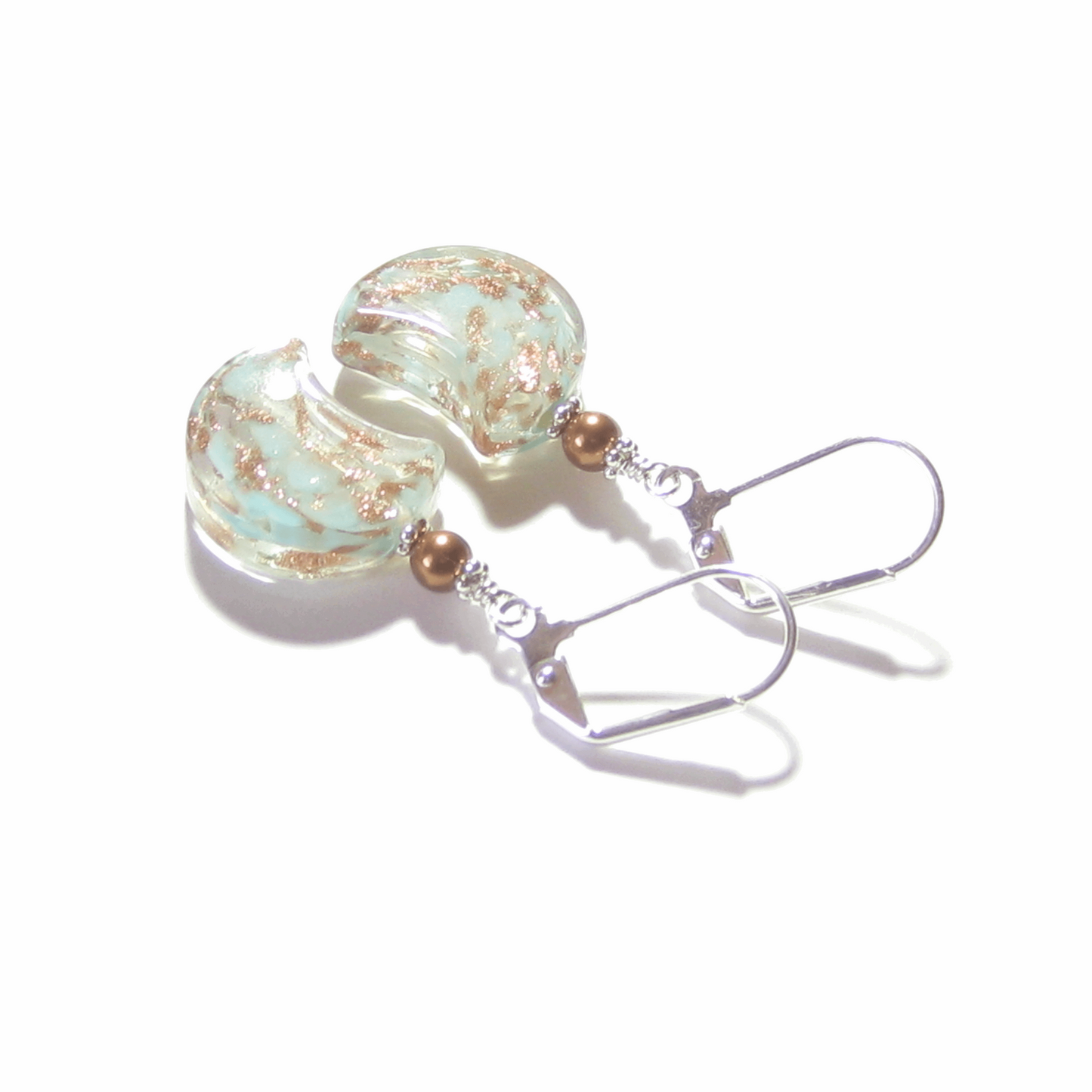 Murano Glass Aquamarine Copper Moon Silver Earrings - JKC Murano