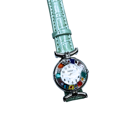 Murano Glass Millefiori Aquamarine Leather Band Watch