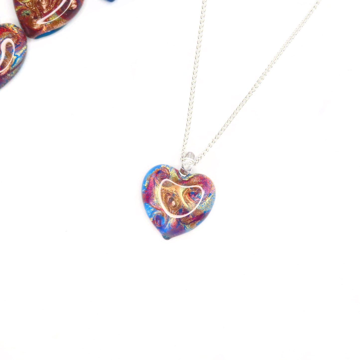 Murano Glass Colorful Aqua Swirl Heart Pendant Necklace