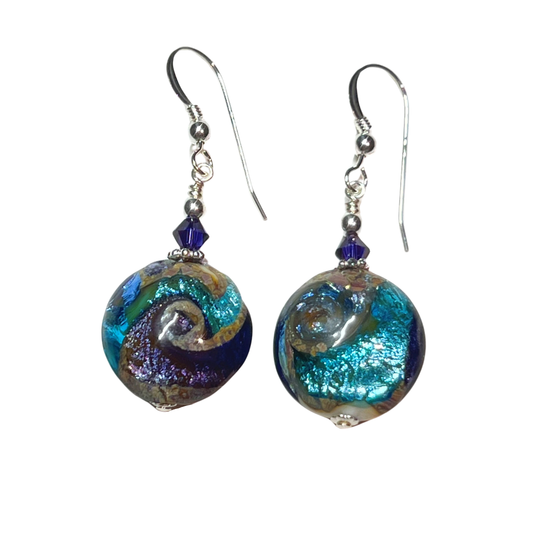 Murano Aqua Cyclone Disc Silver Earrings