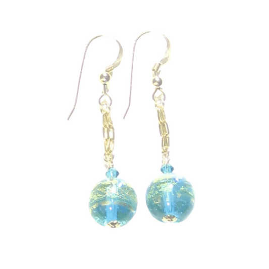 Murano Glass Aqua Ball Dangle Gold Earrings, leverback Earrings - JKC Murano