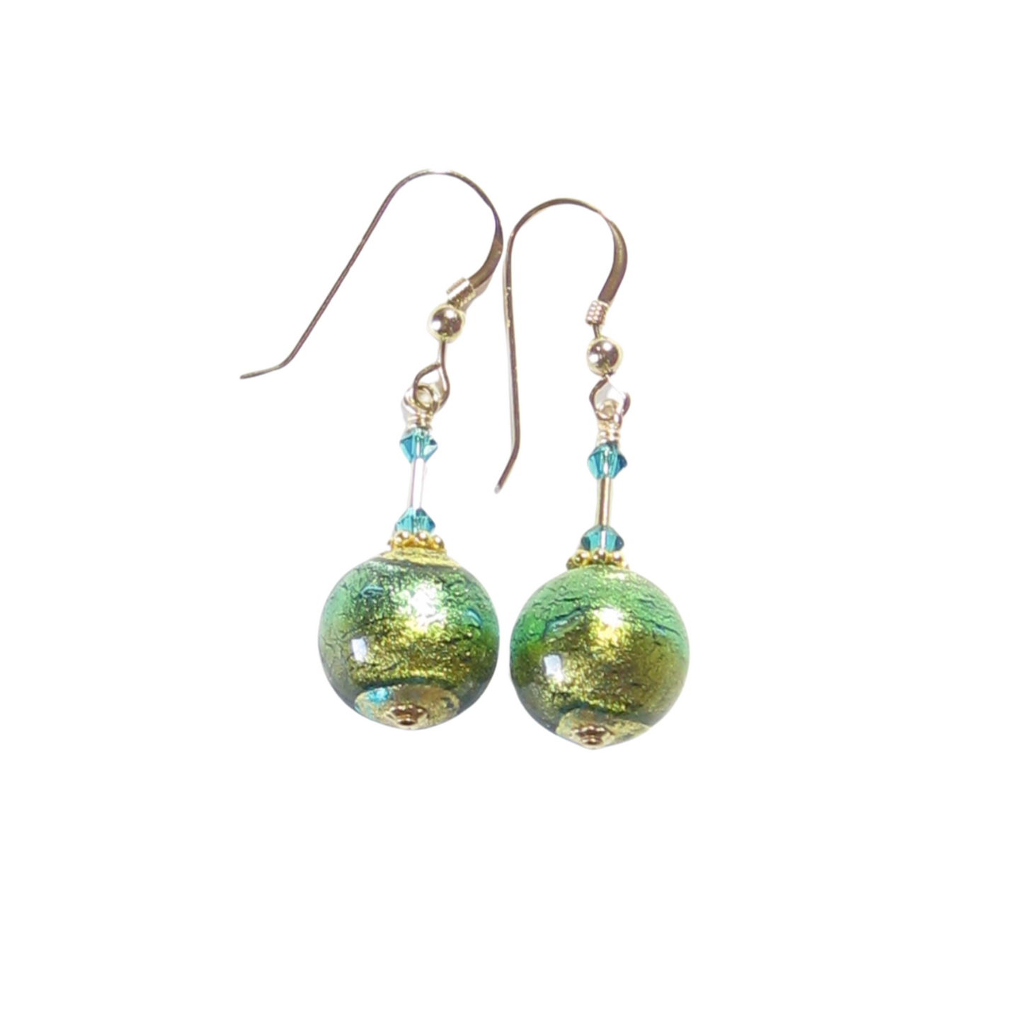 Murano Glass Aqua Olive Green Gold Earrings, Dangle Clip Earrings - JKC Murano