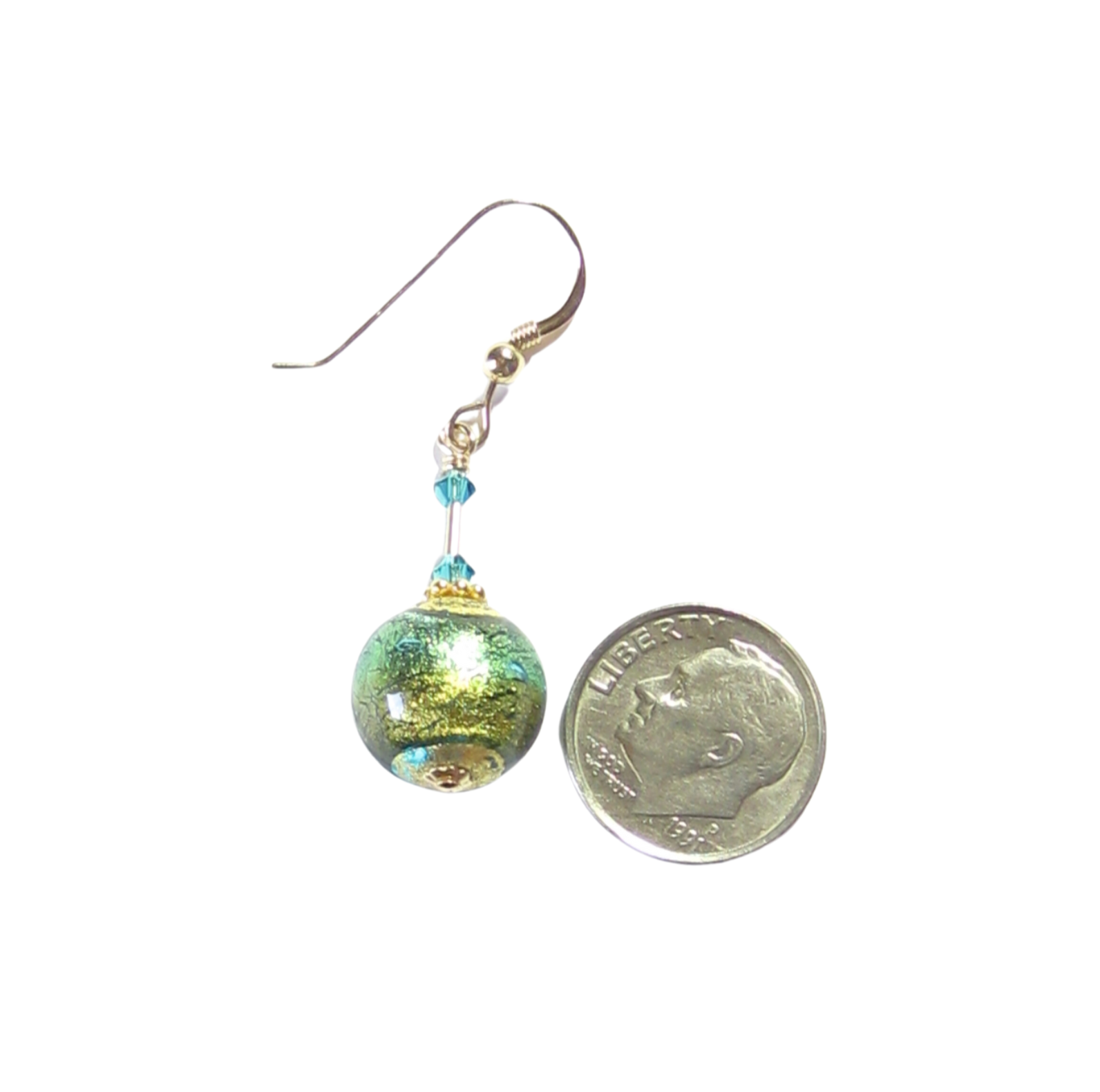 Murano Glass Aqua Olive Green Gold Earrings, Dangle Clip Earrings - JKC Murano