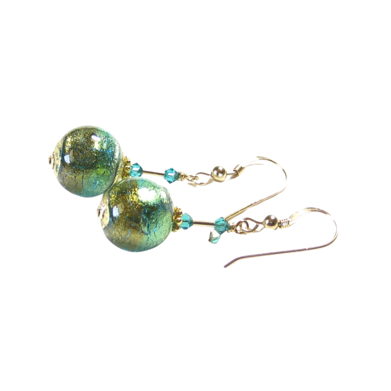 Murano Glass Aqua Olive Green Gold Earrings, Dangle Clip Earrings - JKC Murano