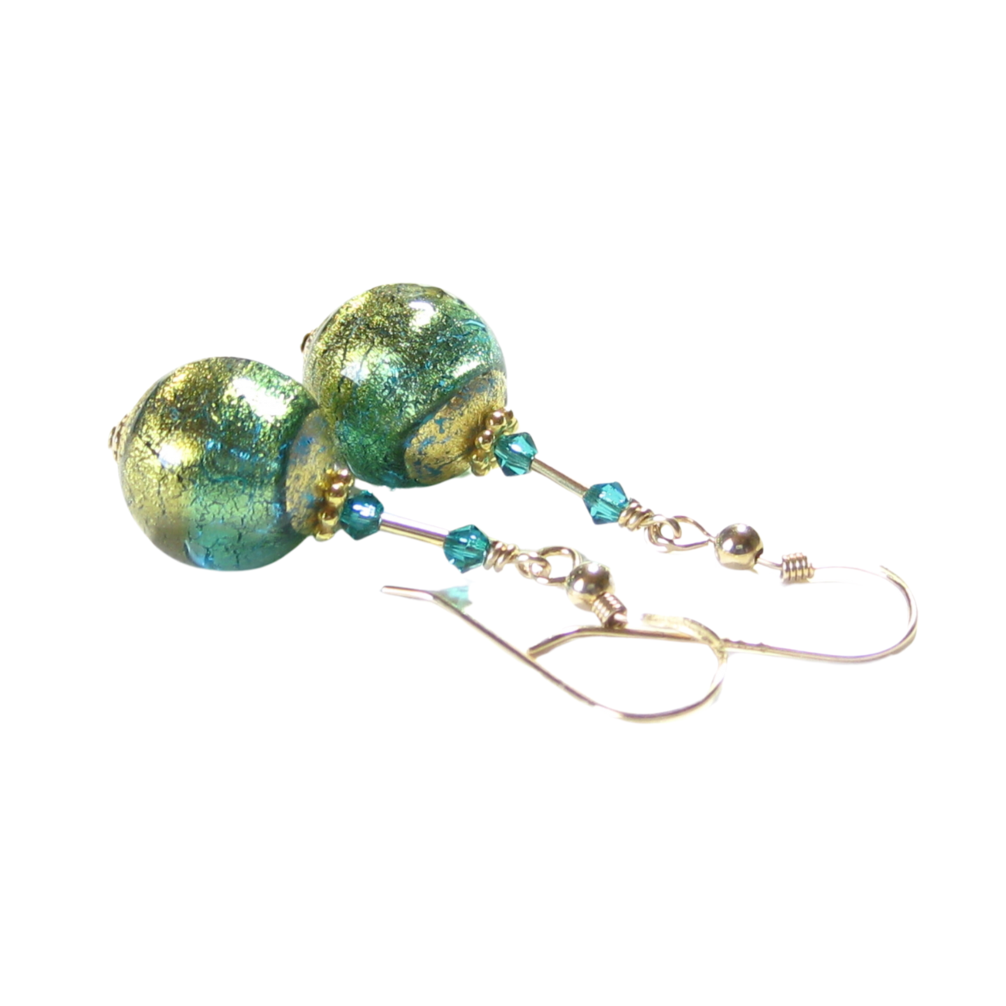 Murano Glass Aqua Olive Green Gold Earrings, Dangle Clip Earrings - JKC Murano