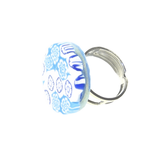 Murano Glass Aqua White Large Millefiori Ring - JKC Murano