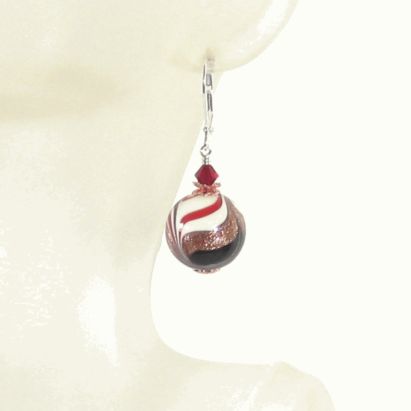 Italian Glass Black White Red Copper Silver Earrings by JKC Murano - JKC Murano