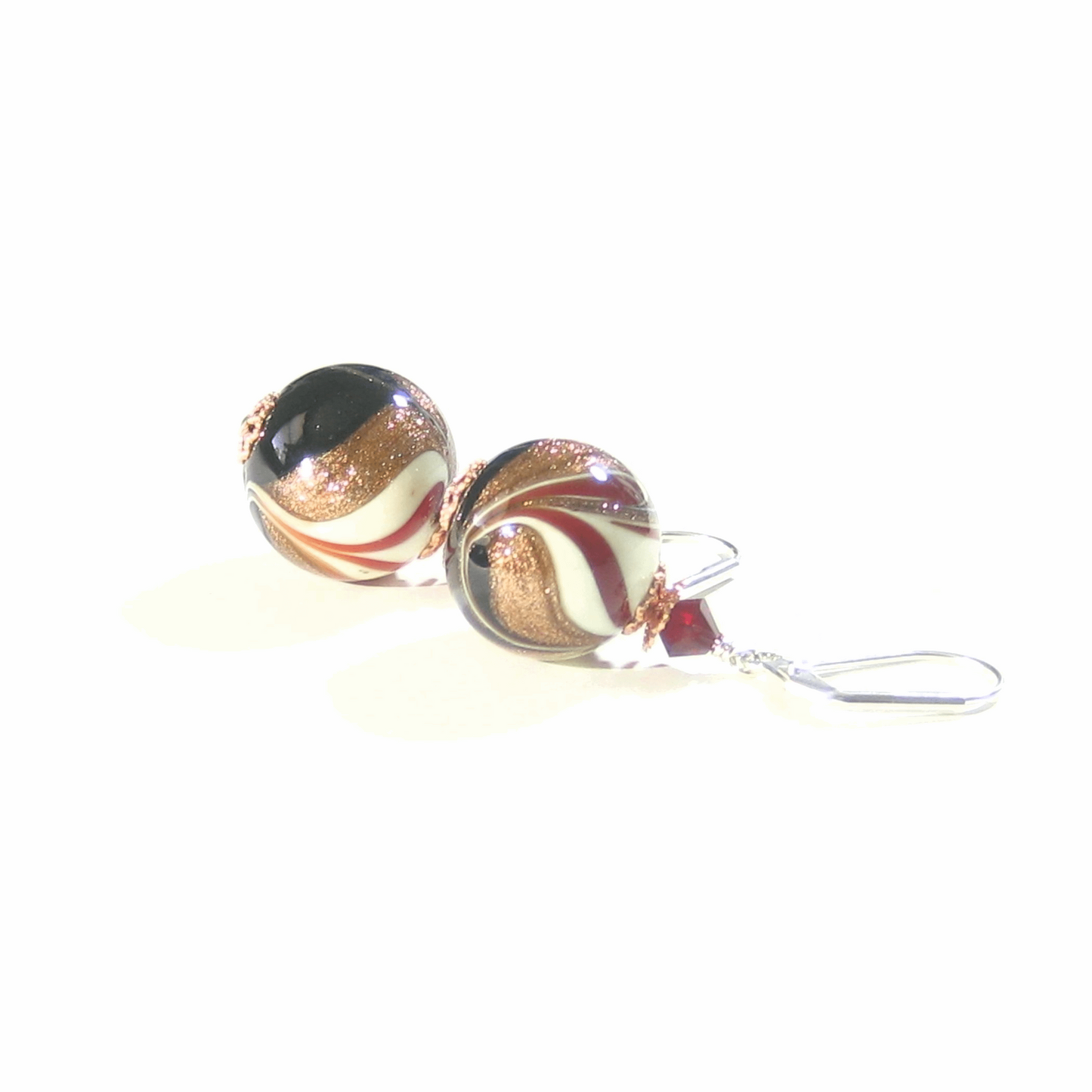 Italian Glass Black White Red Copper Silver Earrings by JKC Murano - JKC Murano