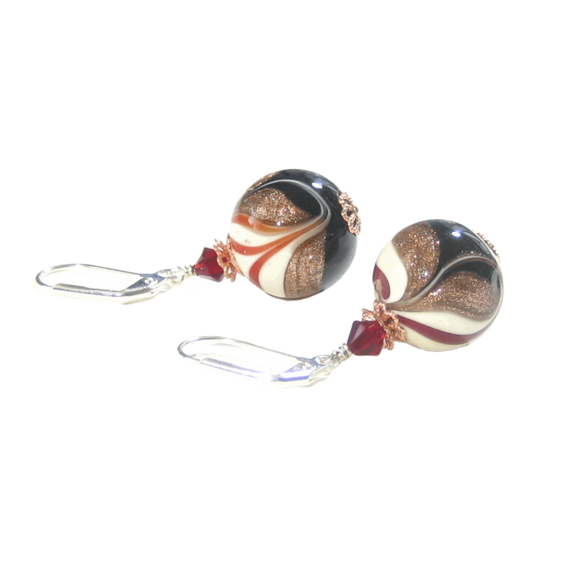 Italian Glass Black White Red Copper Silver Earrings by JKC Murano - JKC Murano