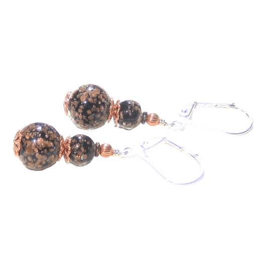 Murano Glass Black Copper Ball Sterling Silver Earrings - JKC Murano