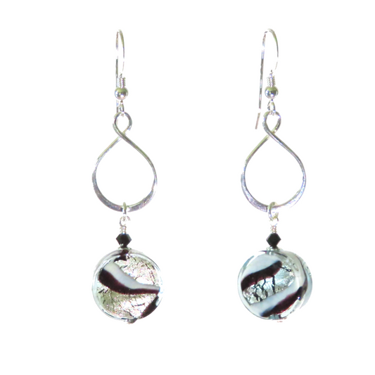 Murano Glass Black Swirl Coin Drop Silver Earrings