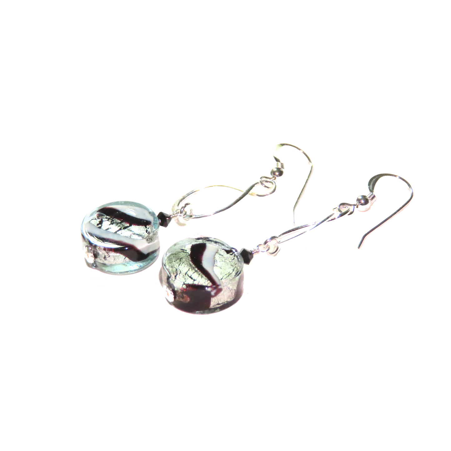 Murano Glass Black Swirl Coin Drop Silver Earrings