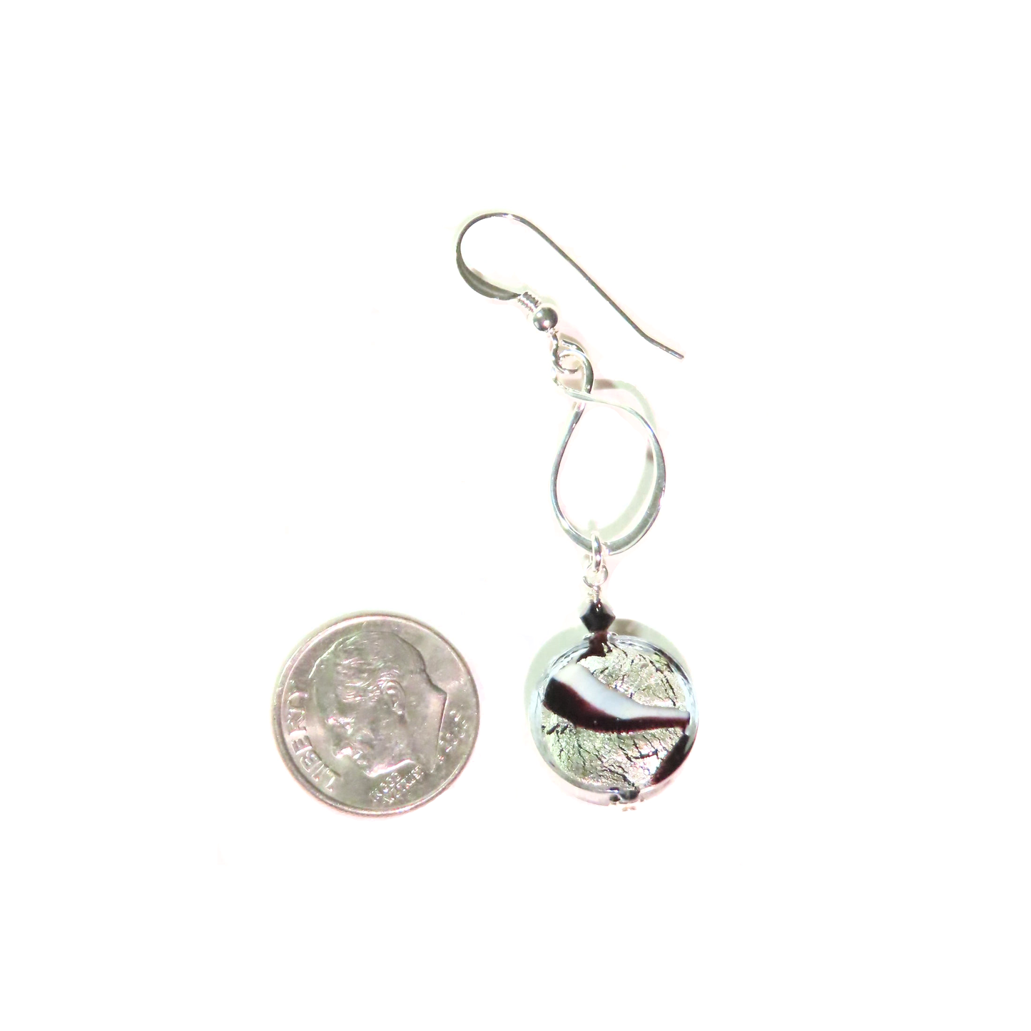 Murano Glass Black Swirl Coin Drop Silver Earrings