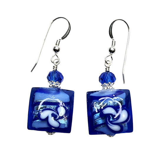 Murano glass blue square white flower silver earrings