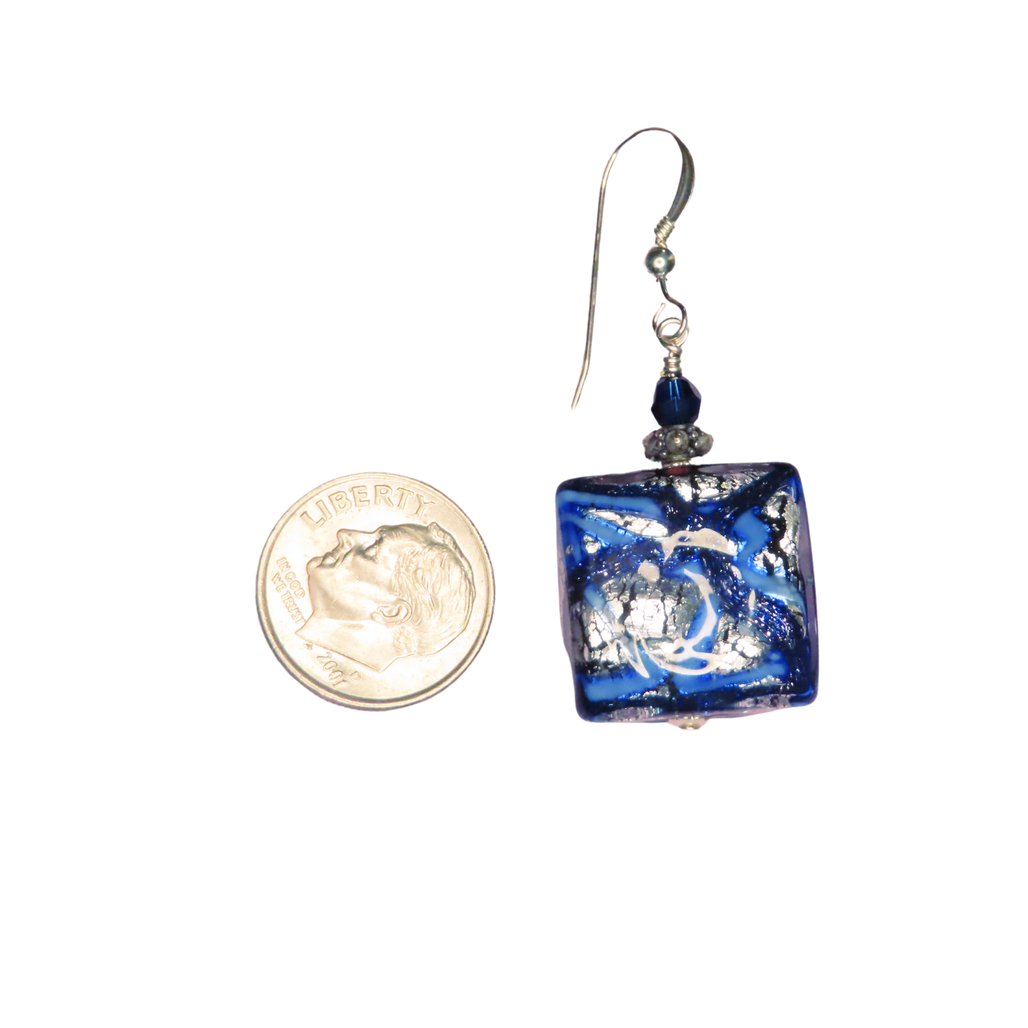 Murano Glass Cobalt Blue Chunky Square Silver Earrings