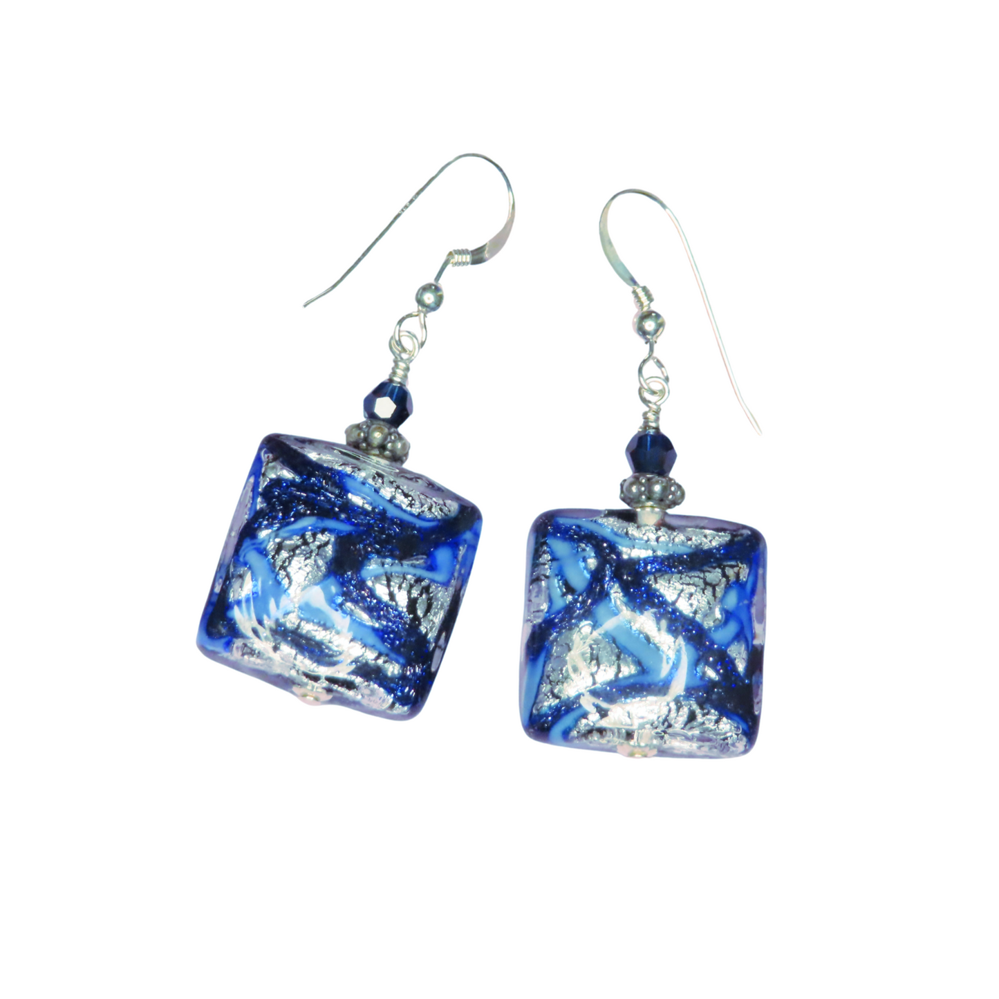 Murano Glass Cobalt Blue Chunky Square Silver Earrings