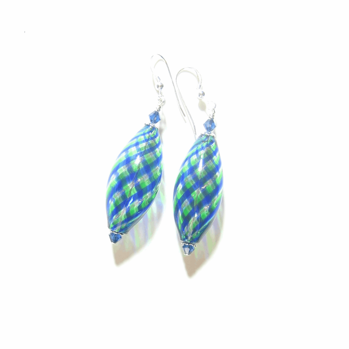 Murano Blown Glass Blue Green Long Oval Earrings - JKC Murano