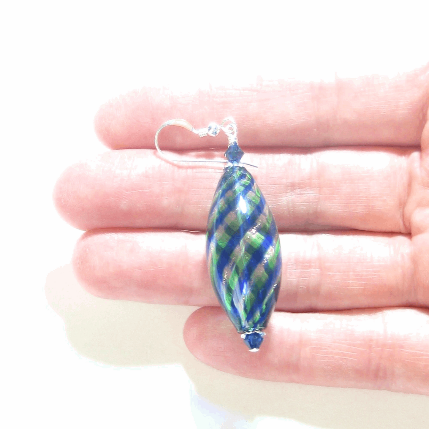 Murano Blown Glass Blue Green Long Oval Earrings - JKC Murano