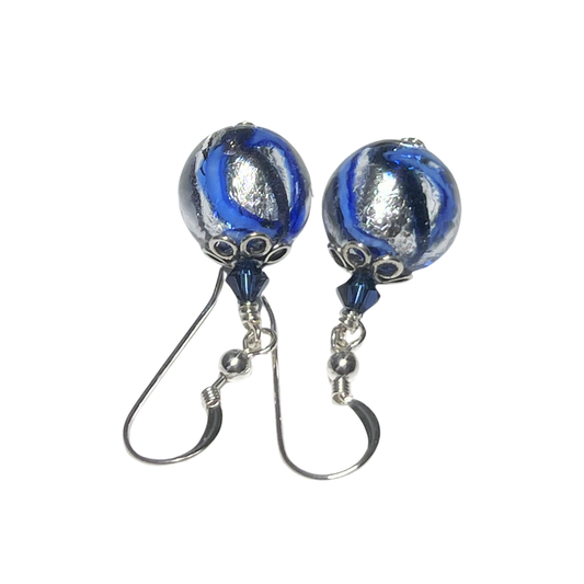 Murano Glass Blue Water Swirl Ball Sterling Silver Earrings