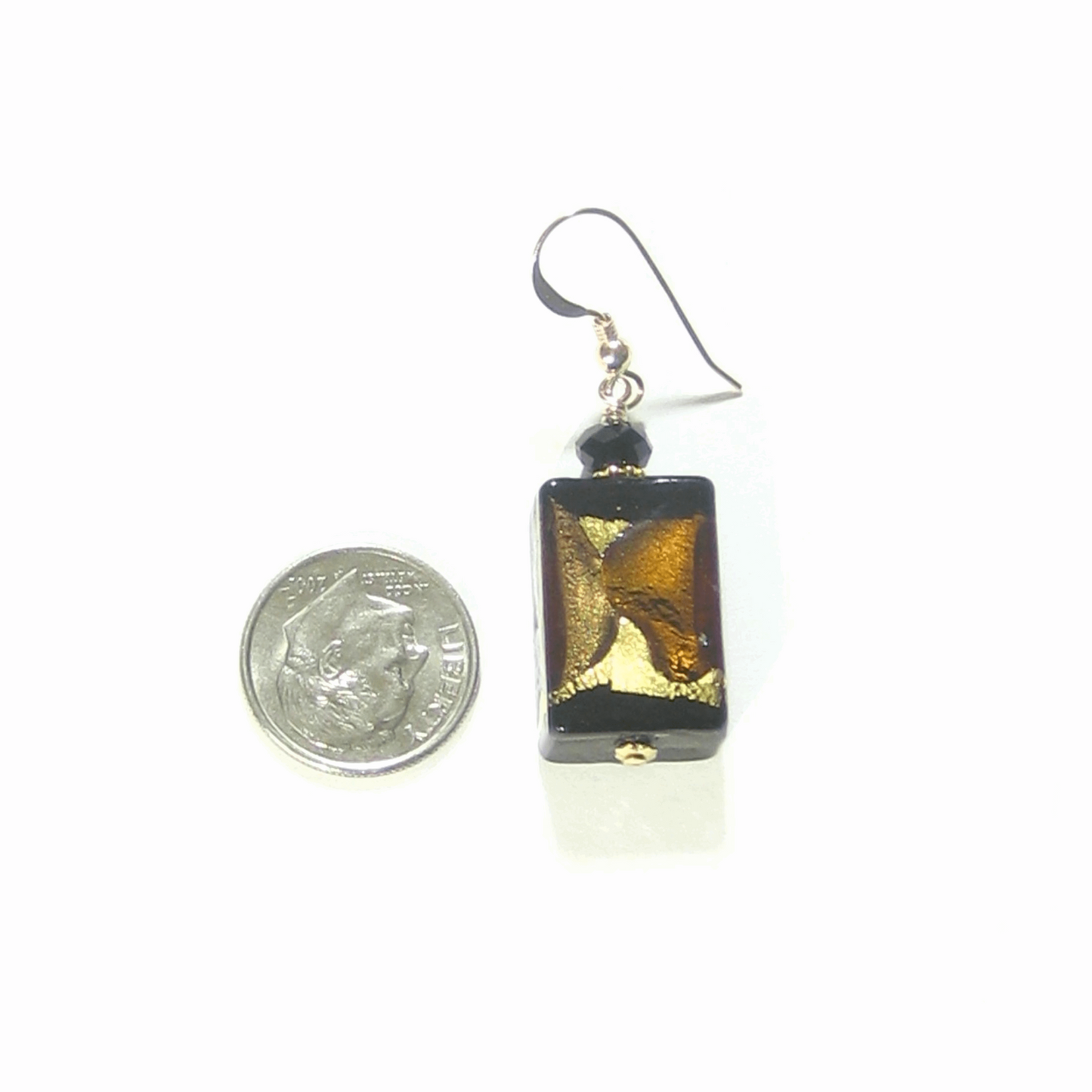 Murano Glass Black Brown Topaz Rectangle Gold Earrings - JKC Murano