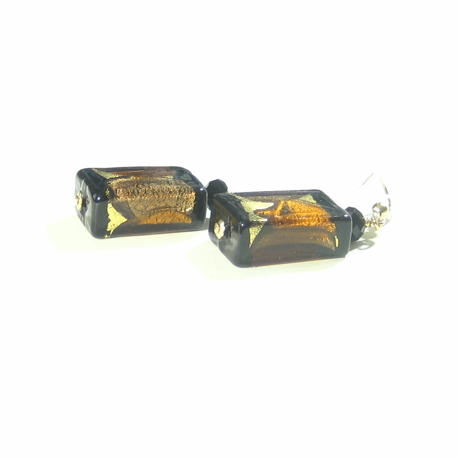 Murano Glass Black Brown Topaz Rectangle Gold Earrings - JKC Murano