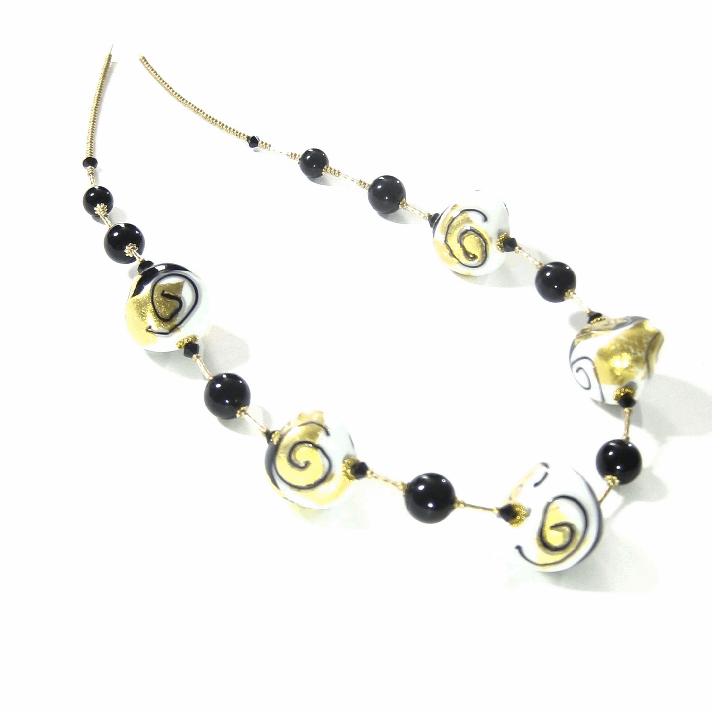 Murano Black White Swirl Chunky Abstract Gold Necklace - JKC Murano