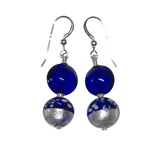 Murano Glass Cobalt Blue Dalmata Dangle Silver Earrings