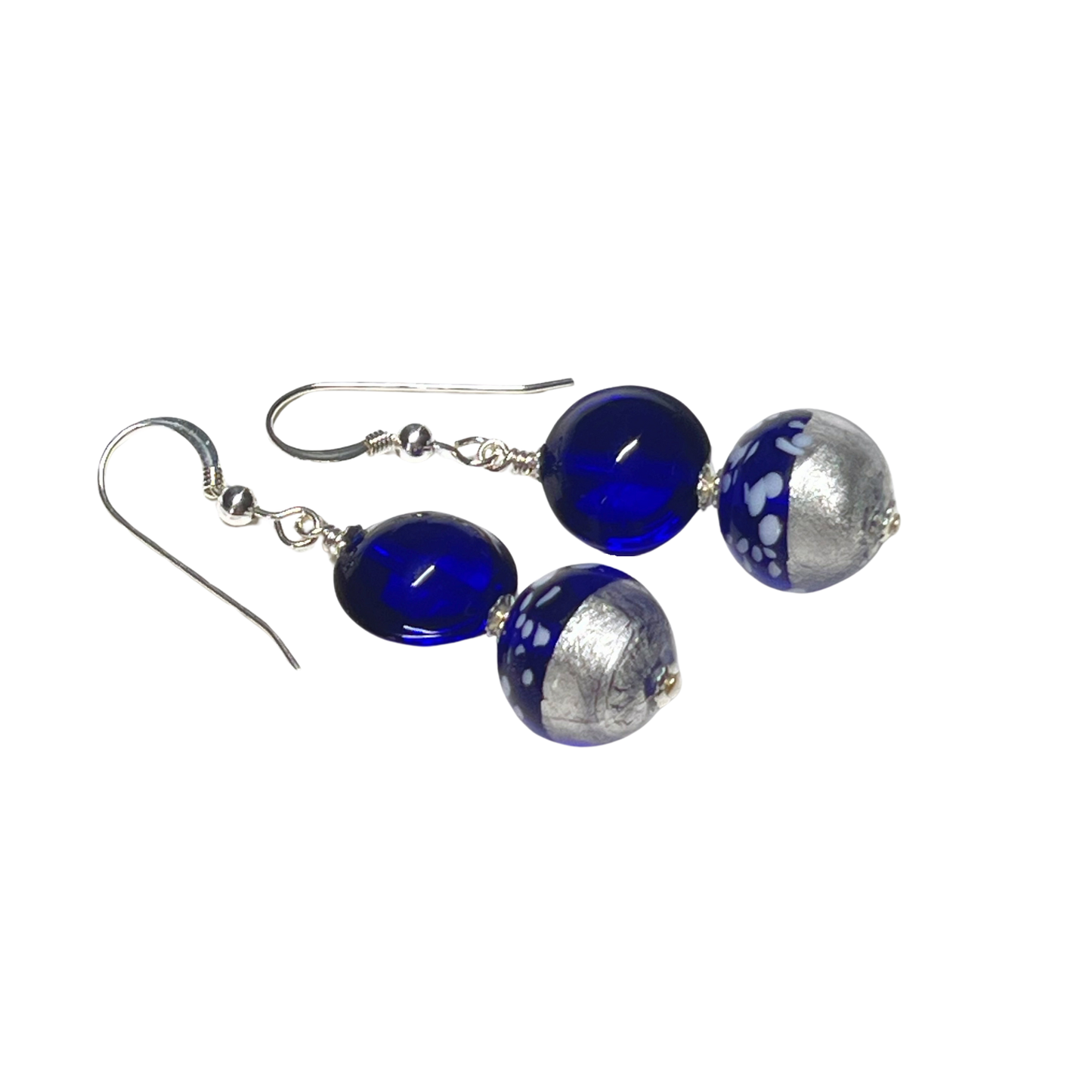 Murano Glass Cobalt Blue Dalmata Dangle Silver Earrings