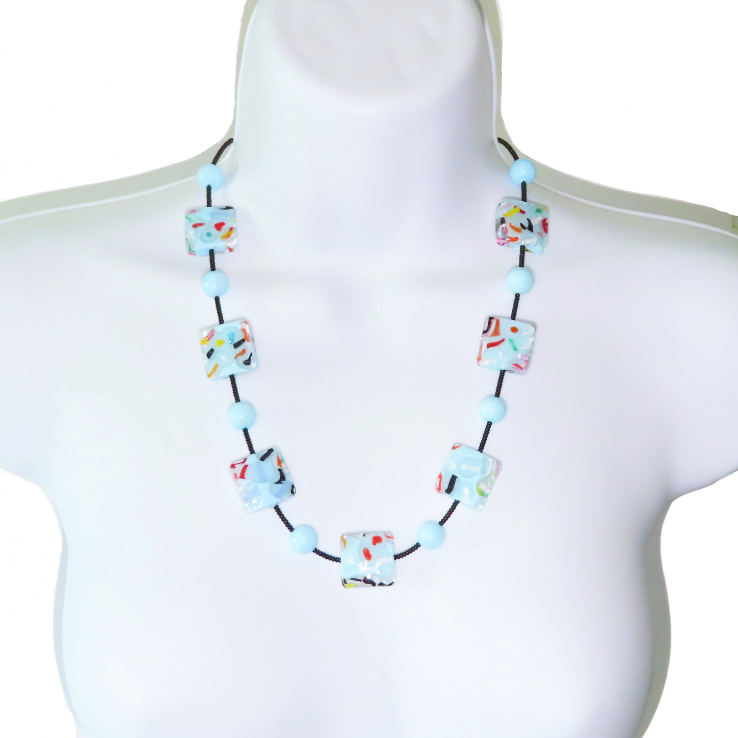 Murano glass colorful square beaded sterling silver necklace