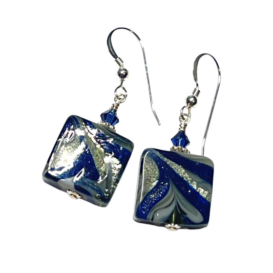 Murano dark blue square swirl silver earrings