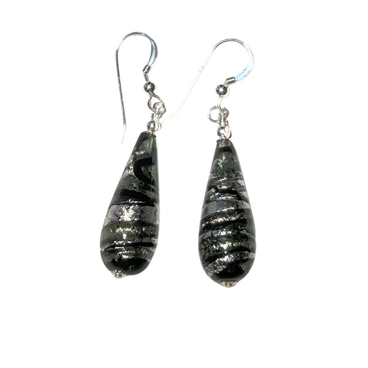 Murano Glass Gray Swirl Teardrop Long Silver Earrings