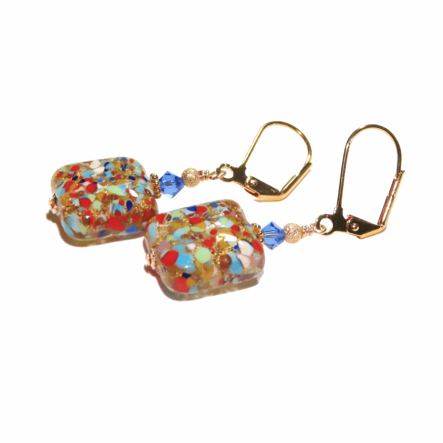 Murano Colorful Klimt Square Gold Earrings by JKC Murano