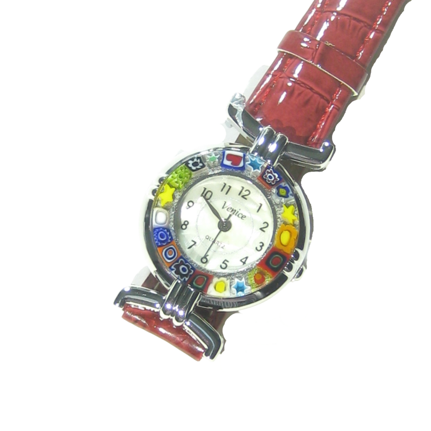 Murano Glass Millefiori Chrome Red Leather Band Watch