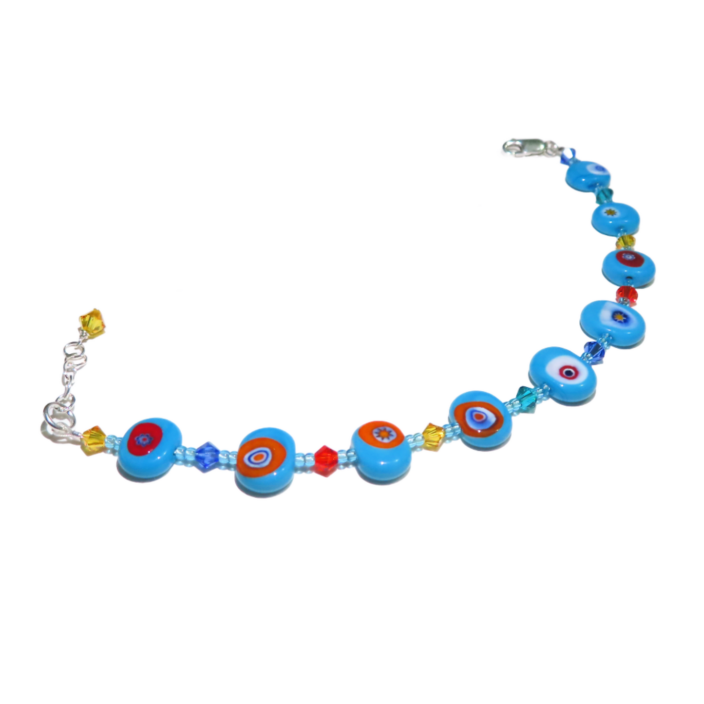 Murano Glass Colorful Millefiori Turquoise Sterling Silver Bracelet