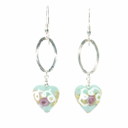 Murano Glass Aquamarine Heart Wedding Cake Long Silver Earrings - JKC Murano