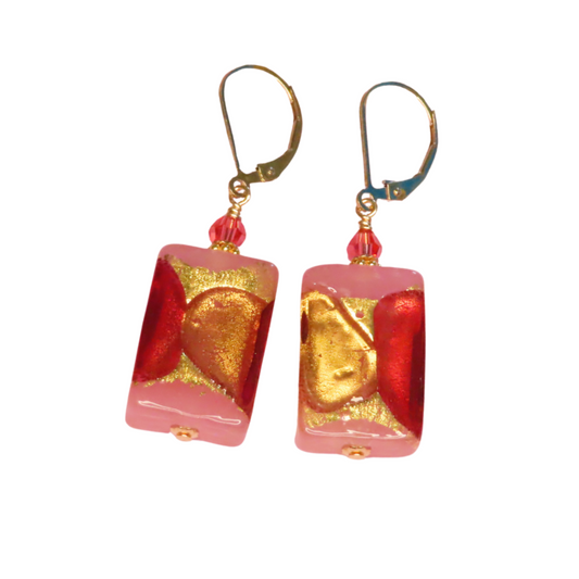 Murano Glass Pink Purple Rectangle Gold Earrings