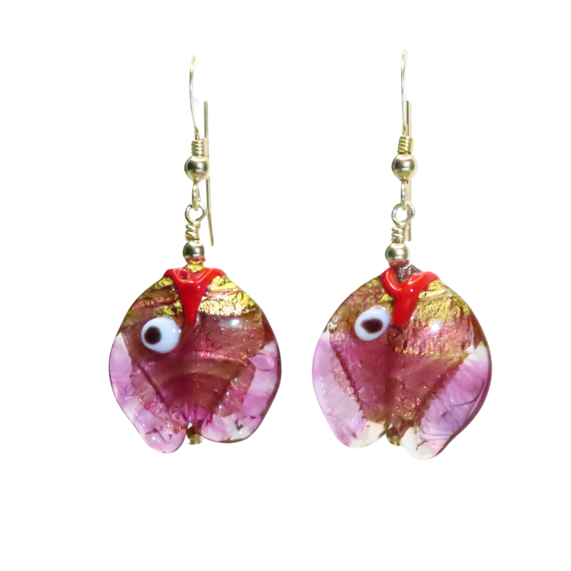 a pair of pink and gold earrings with a red bird on it