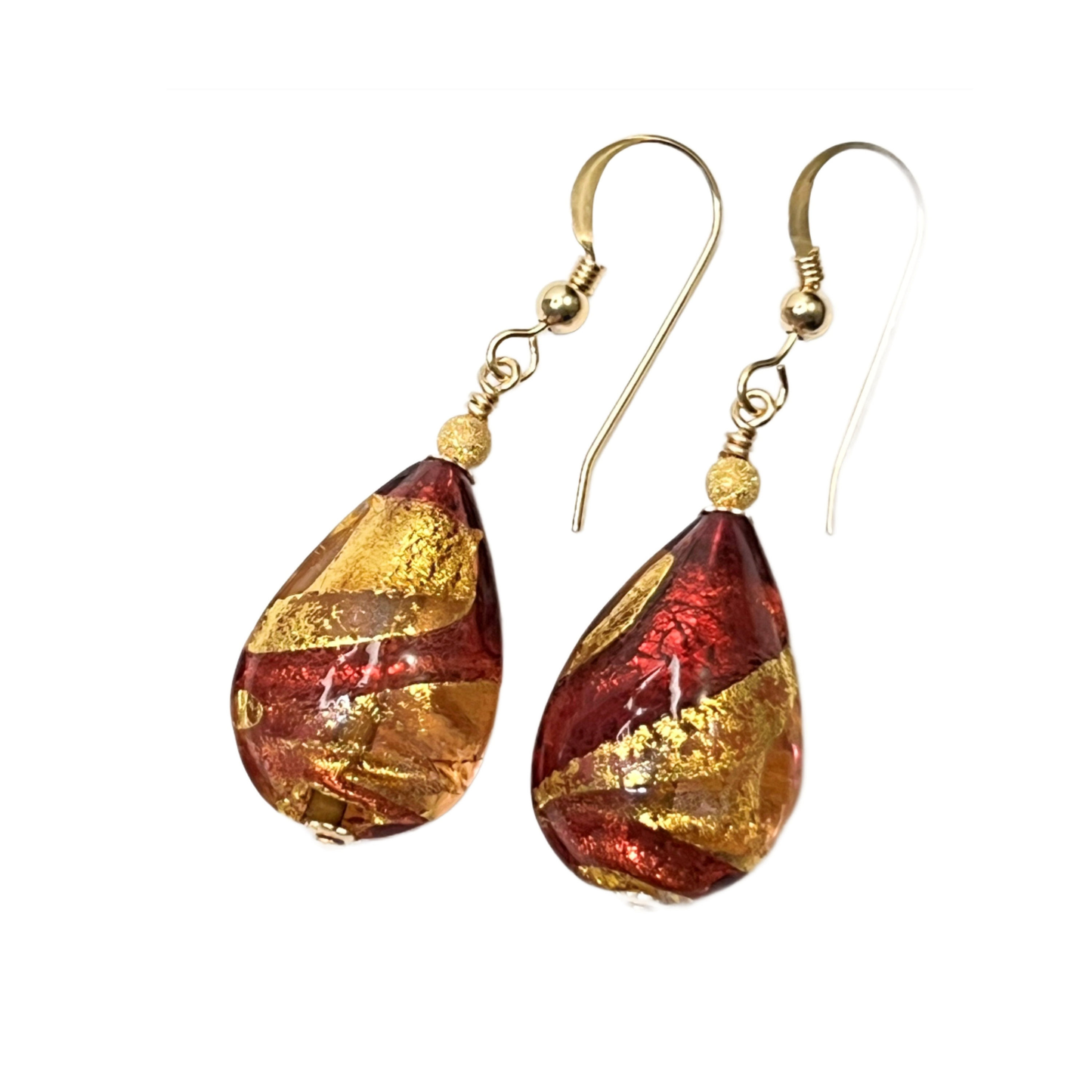 Murano glass peach pink teardrop gold earrings by JKC Murano