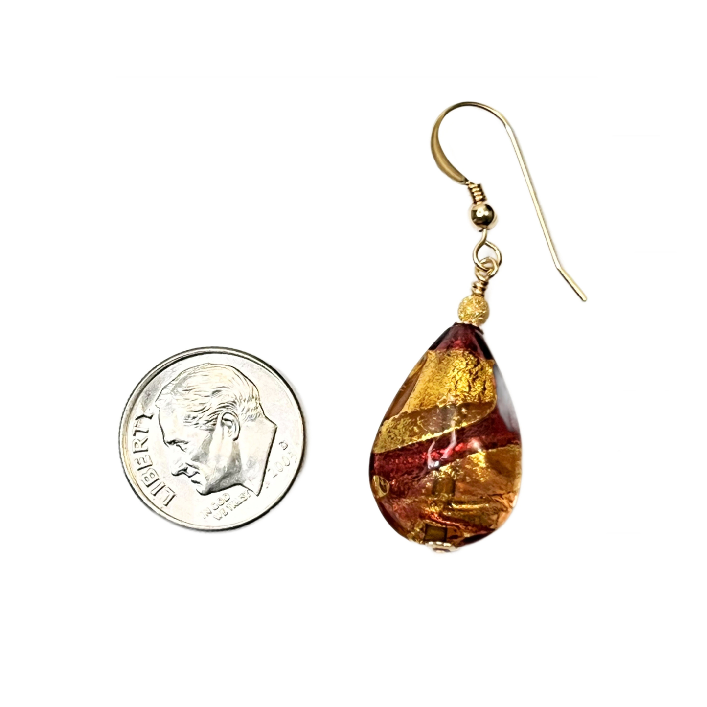 Murano glass peach pink teardrop gold earrings by JKC Murano