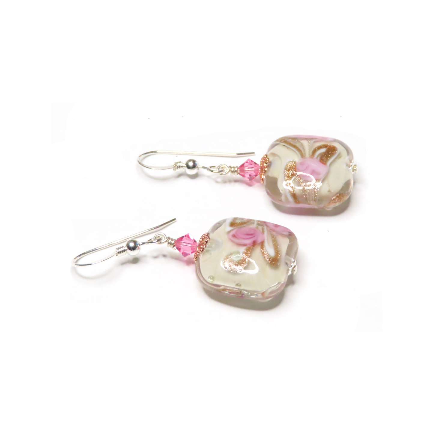 Murano Glass Pink Roses Cream Copper Square Silver Earrings