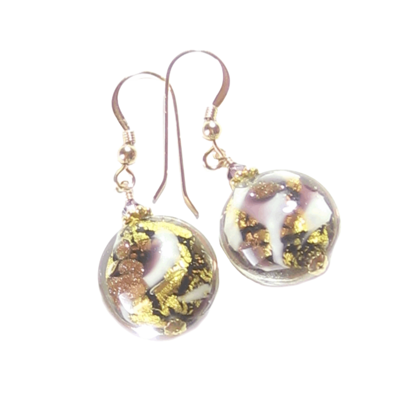 Murano Glass Amethyst Black Disc Gold Earrings, Fishhook Earrings - JKC Murano