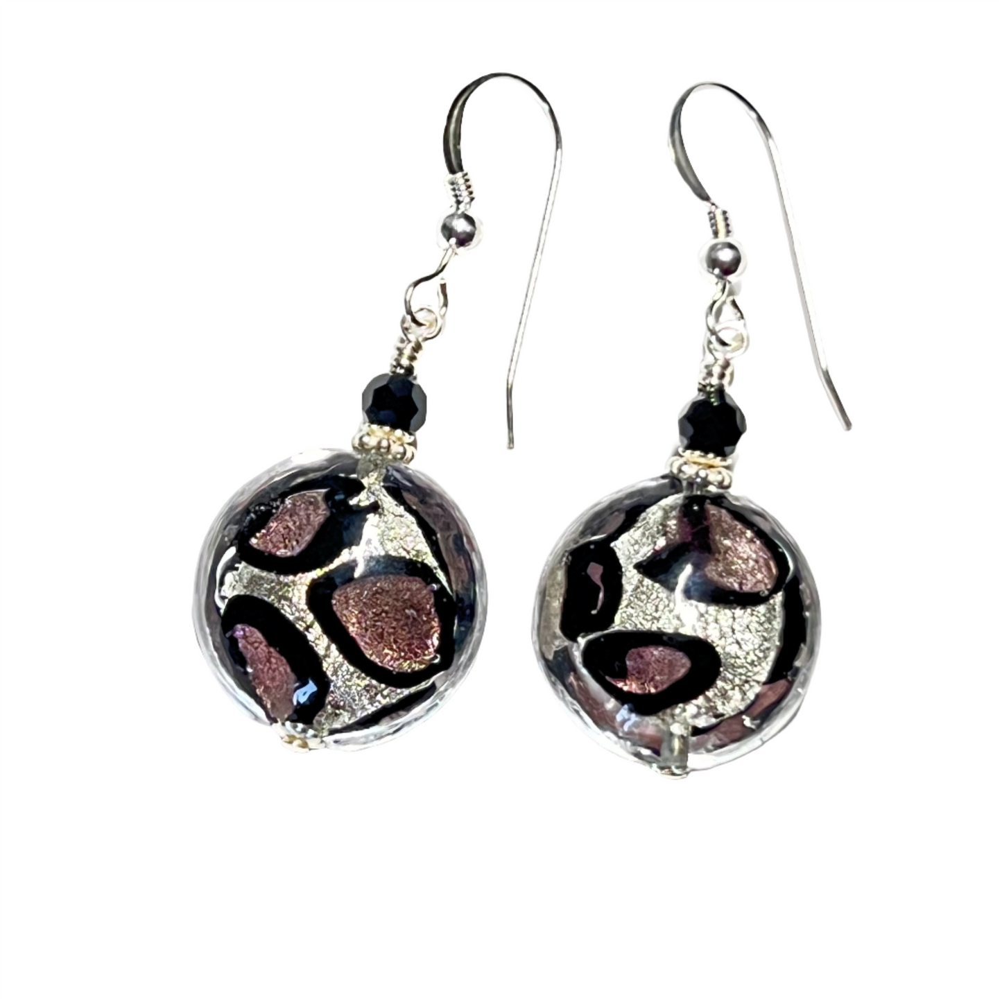 Murano Glass Purple Leopard Dot Disc Silver Earrings