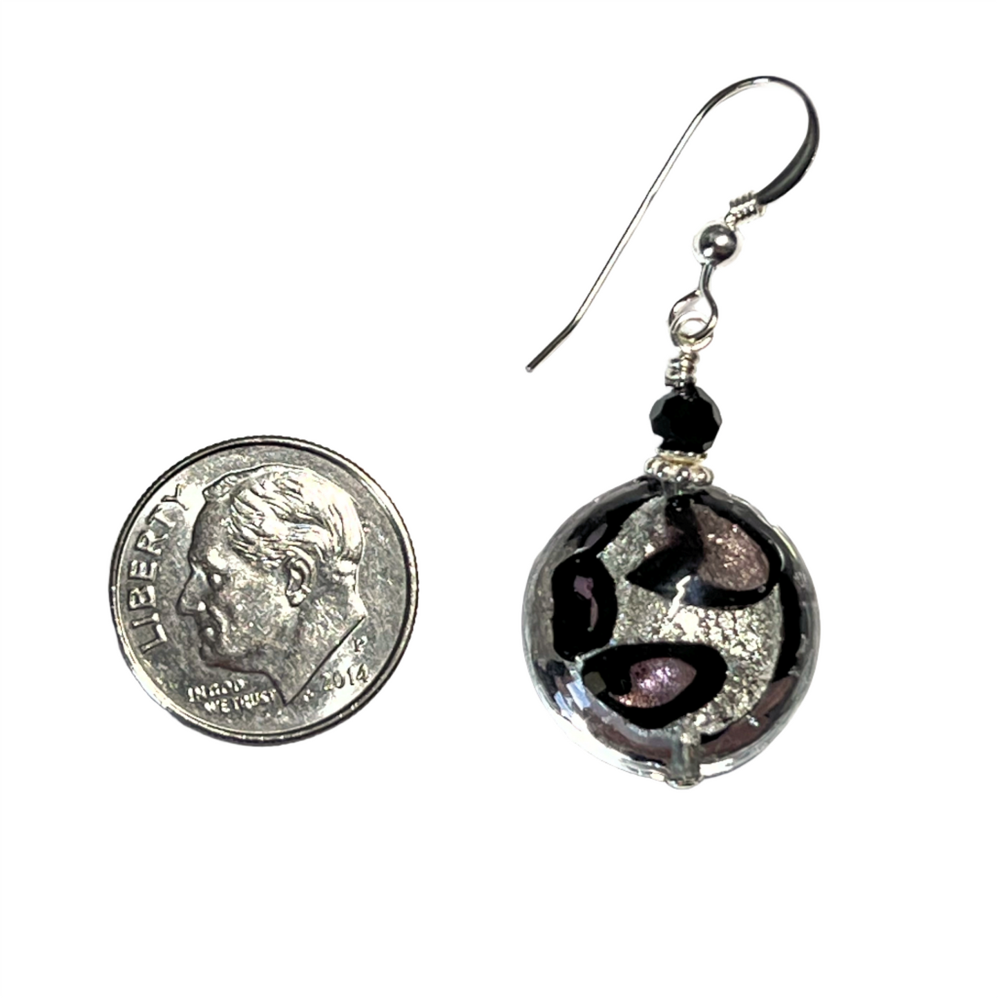 Murano Glass Purple Leopard Dot Disc Silver Earrings