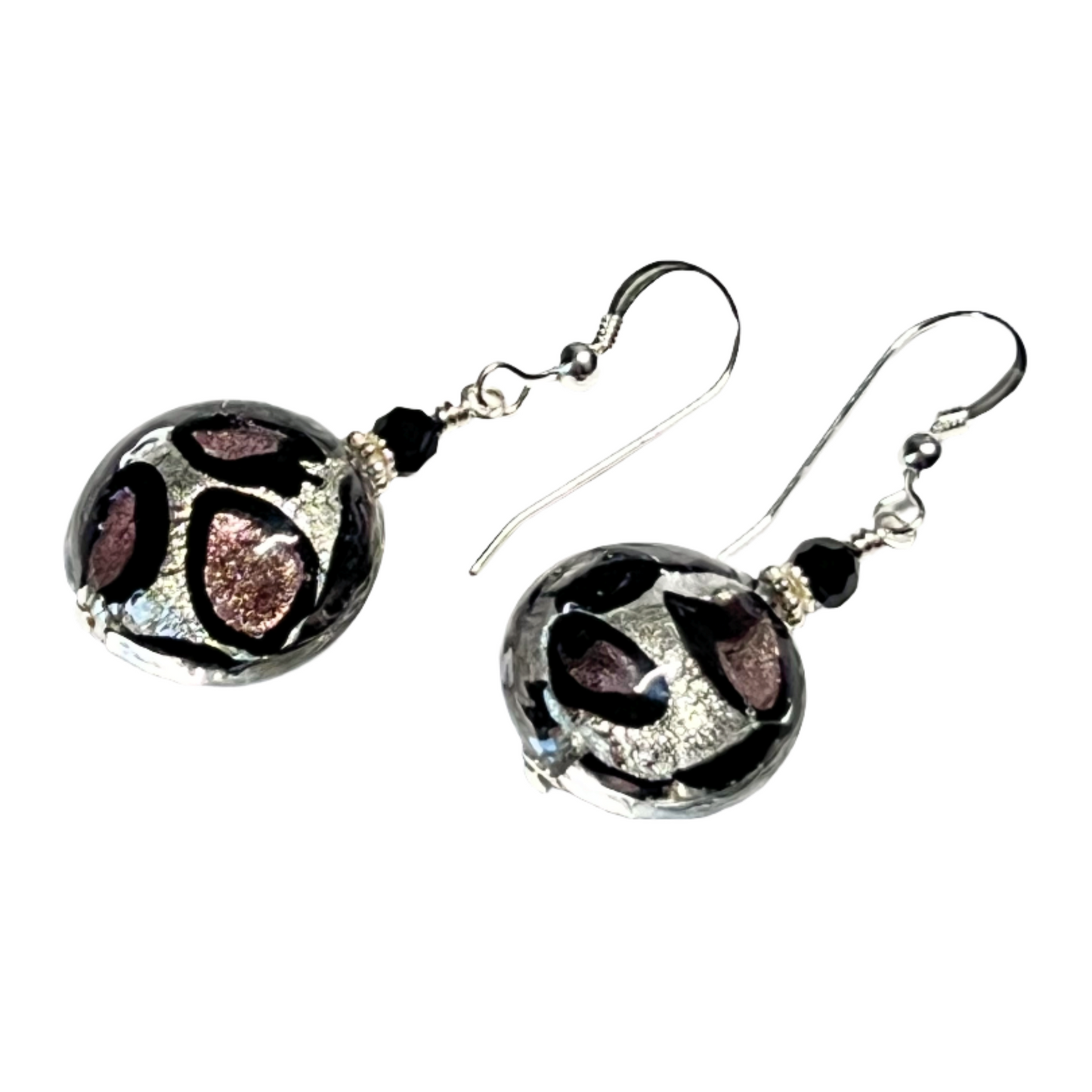 Murano Glass Purple Leopard Dot Disc Silver Earrings