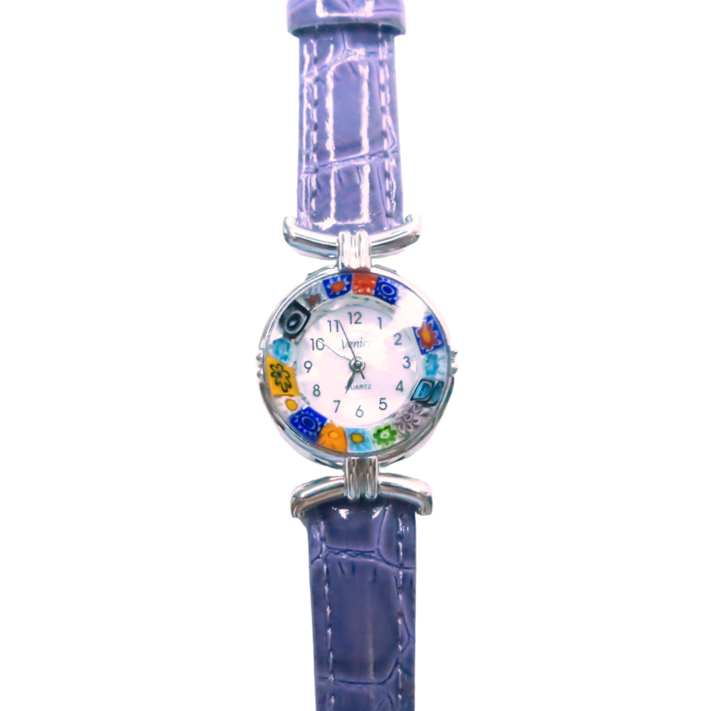 a purple watch with multicolored stones on the face