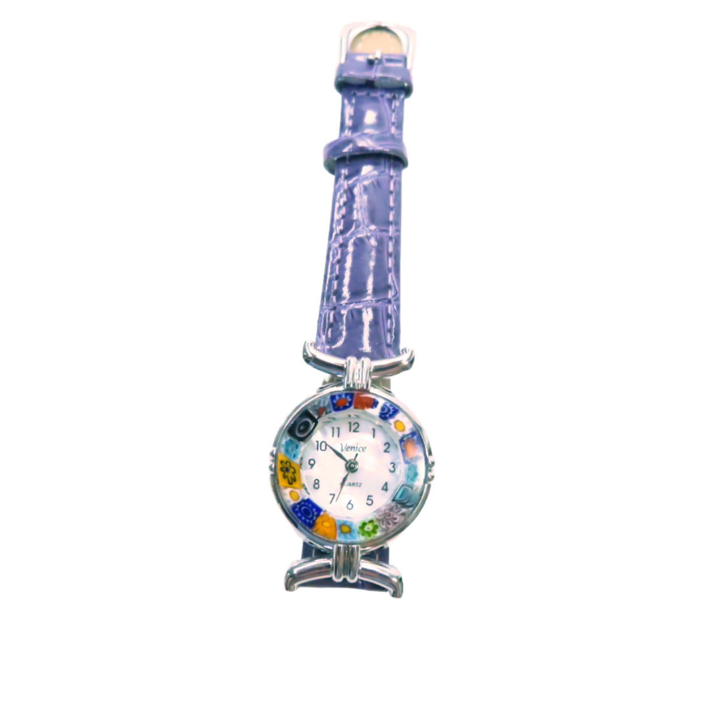 a blue watch with a multicolored face on a white background