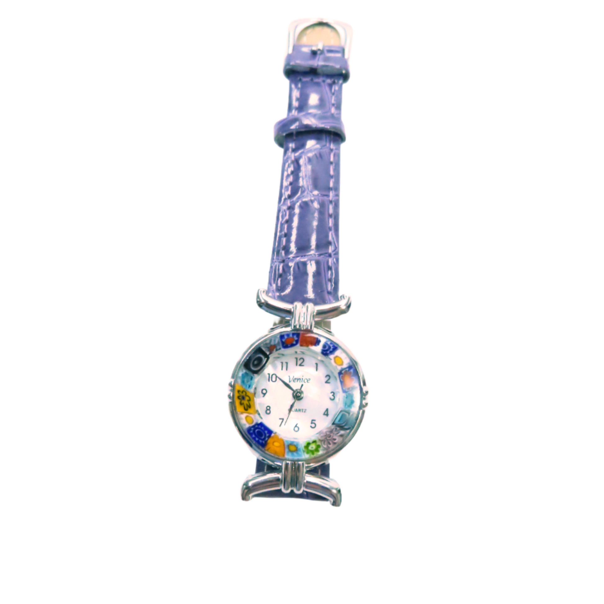 a blue watch with a multicolored face on a white background