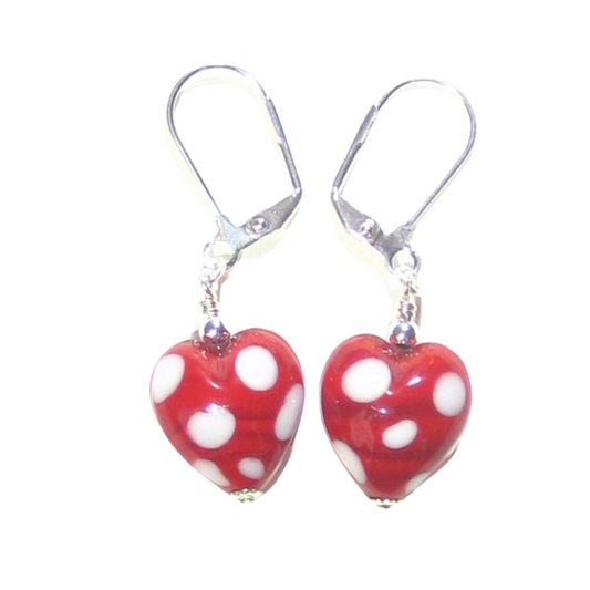 Murano Glass Red Heart Polka Dot Sterling Silver Earrings, Venetian Jewelry