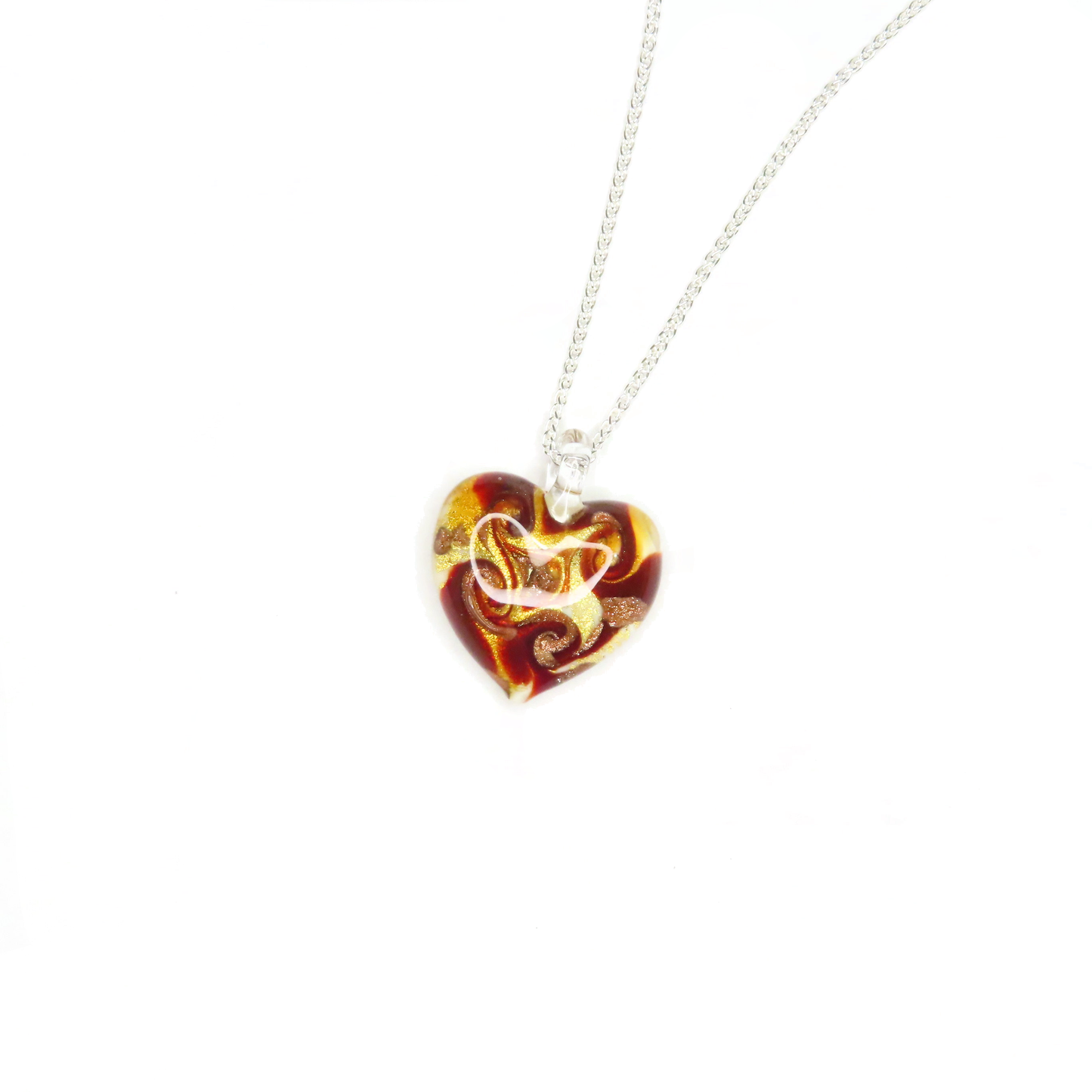 Murano Glass Red Copper Gold Swirl Heart Pendant Necklace